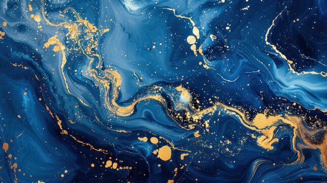 Abstract blue marble texture with gold splashes, blue luxury background