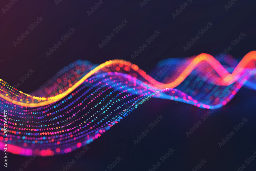 Poster a vibrant, abstract wave of digital data visualized with flowing lines of light and numbers against 