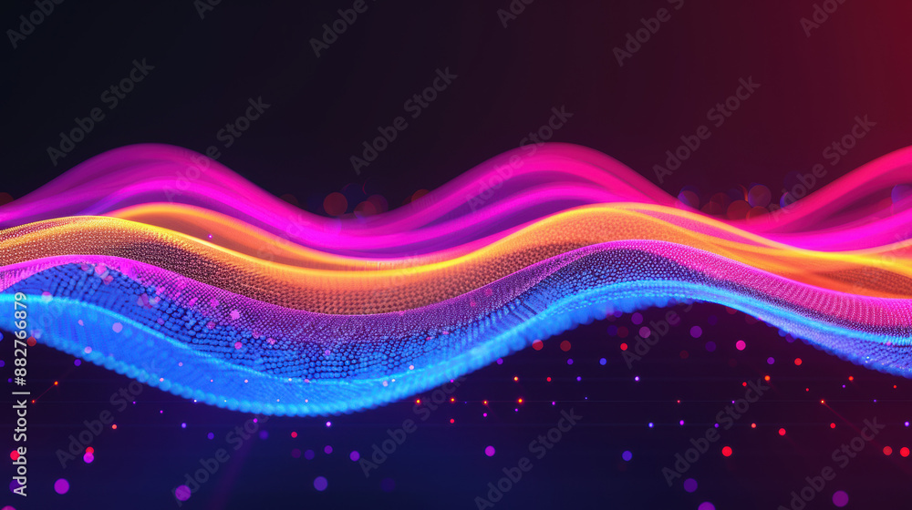 Poster vibrant abstract digital wave with neon lines and bokeh effects, creating a dynamic and futuristic v