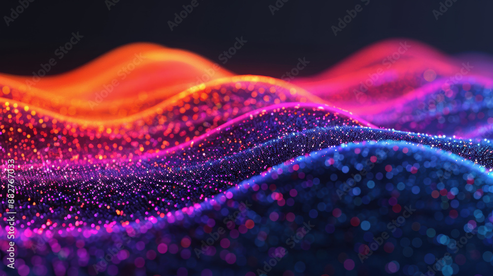 Poster abstract digital landscape with vibrant glowing particles forming dynamic waves on a dark background