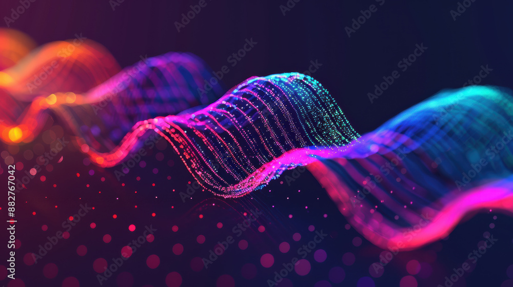 Poster vibrant abstract waves of data points in neon colors on a dark background, showcasing digital techno