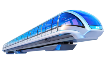 Futuristic high-speed train with sleek design and advanced technology, featuring blue accents and transparent windows, isolated on white background.