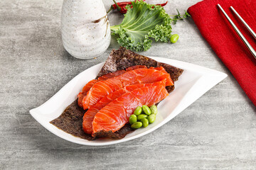 Sliced salmon sashimi in the plate