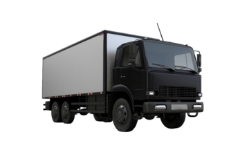 High-quality image of a modern black delivery truck isolated on a white background, perfect for transportation and logistics themes.