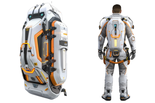 Futuristic sci-fi spacesuit with advanced technology and intricate design showcased from both front and back views.
