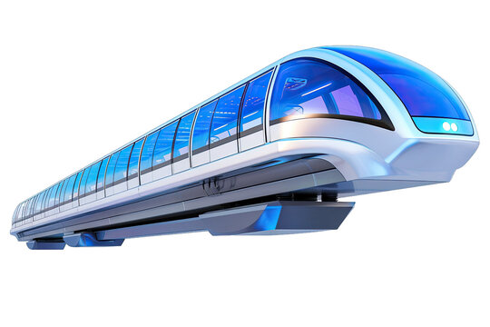 Futuristic high-speed train with sleek design and advanced technology, featuring blue accents and transparent windows, isolated on white background.