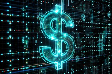 hologram glowing dollar symbol. Fintech industry concept
