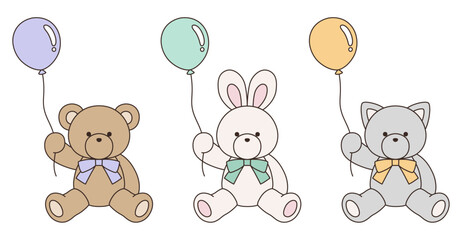 Obraz premium リボンをつけたかわいいくまとうさぎとねこのぬいぐるみのベクターイラストセット。アイコン、風船 