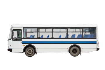 Side view of a white bus with blue stripes and multiple windows, isolated on a white background.