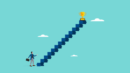 small steps to success or achieve big goals, consistency and perseverance to reach target, small change big impact concept, businessman climbs small ladder diligently to reach the championship trophy