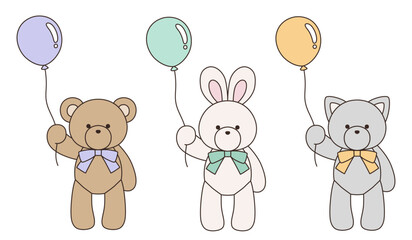 リボンをつけたかわいいくまとうさぎとねこのぬいぐるみのベクターイラストセット。アイコン、風船	