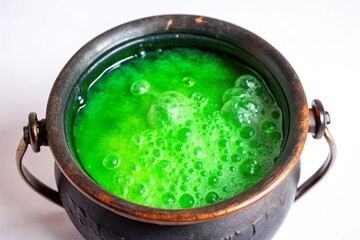 witch magic cauldron with bubbling green liquid top view