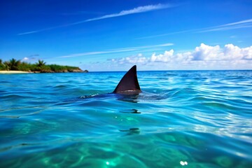 Fototapeta premium shark fin swim on blue ocean water. Dangerous sea fish