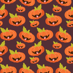 halloween cute pumpkin head. Cute pumpkin seamless pattern on dark background