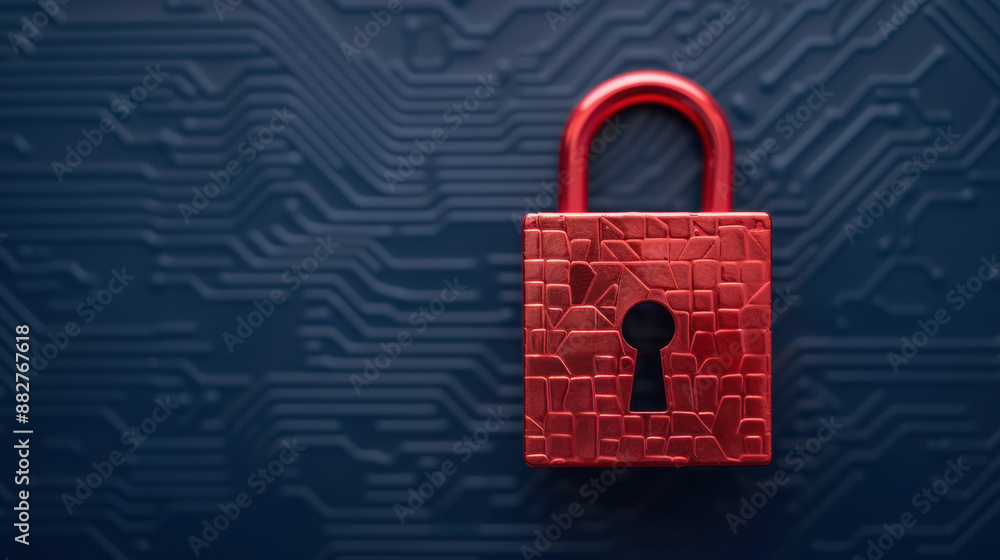 Aufkleber a red lock with keyhole symbolizing cybersecurity and data protection on a blue circuit board backgr
