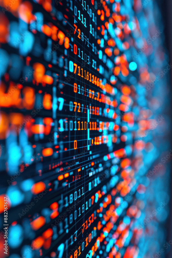 Poster a vibrant display of binary code in red and blue, representing data and technology. perfect for conv