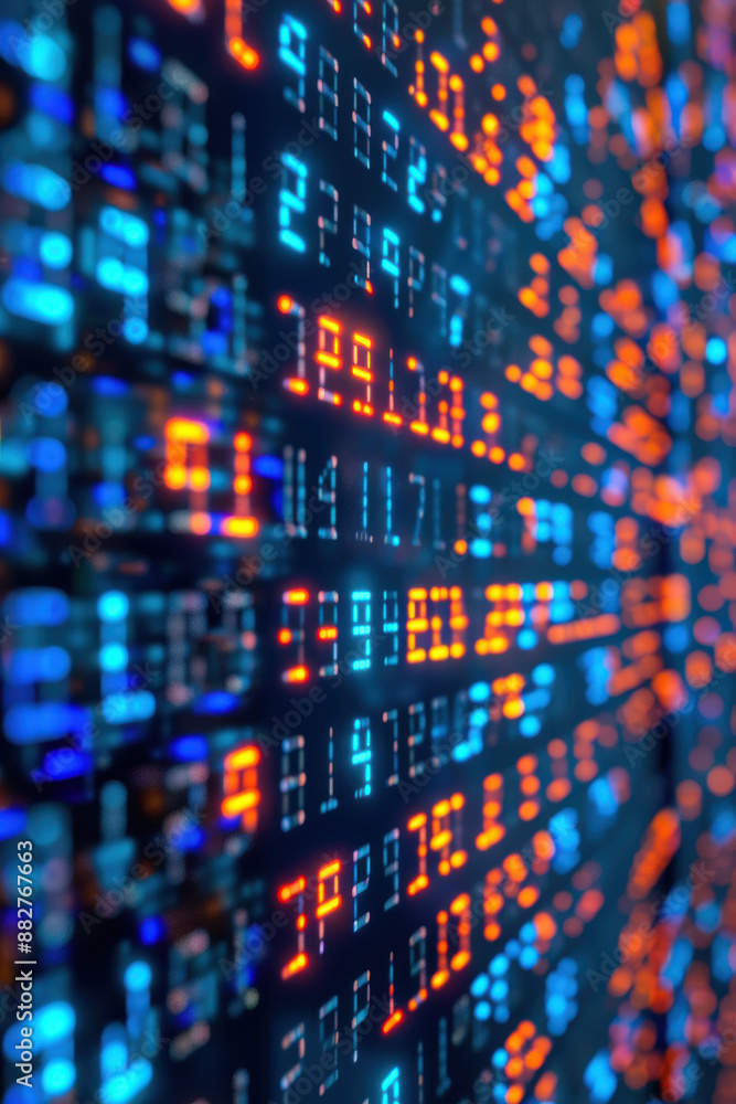 Poster a close-up of a digital display showing rows of numeric data in vibrant blue and orange lights, repr