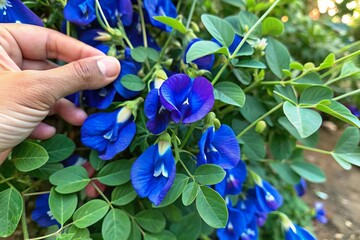 hand pick blue pea flower grow on plant