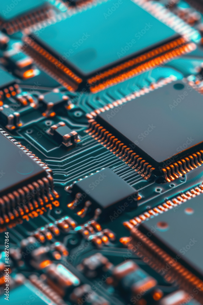 Poster close-up of a computer motherboard showcasing intricate circuits and components with vibrant colors 