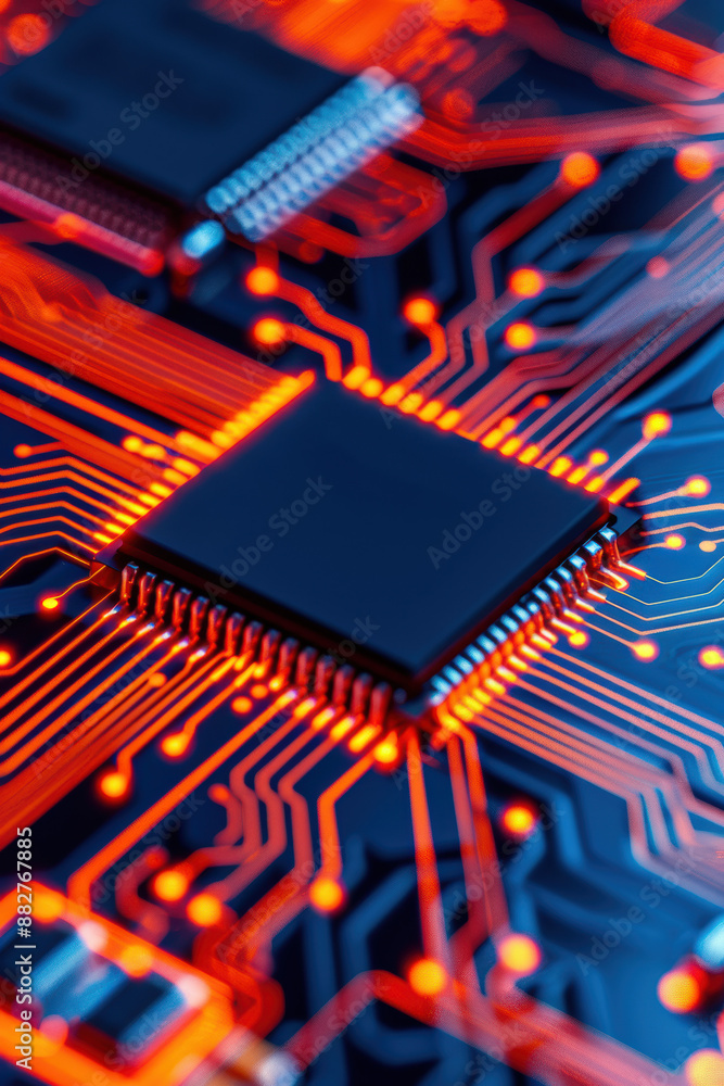 Poster close-up of an electronic microchip on a glowing circuit board, showcasing modern technology and int