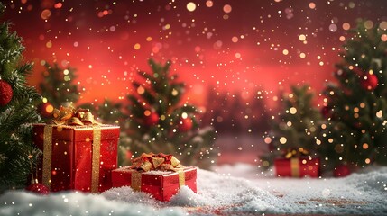 Christmas background with gifts and Christmas trees in the snow, night sky with stars, red color, golden, golden red, happy New Year, green forest, red gift boxes in the foreground, photorealistic, hi