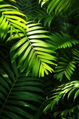 Close-up shot of vibrant green palm leaves receiving sunlight, showcasing natural textures and patterns in a serene botanical setting.