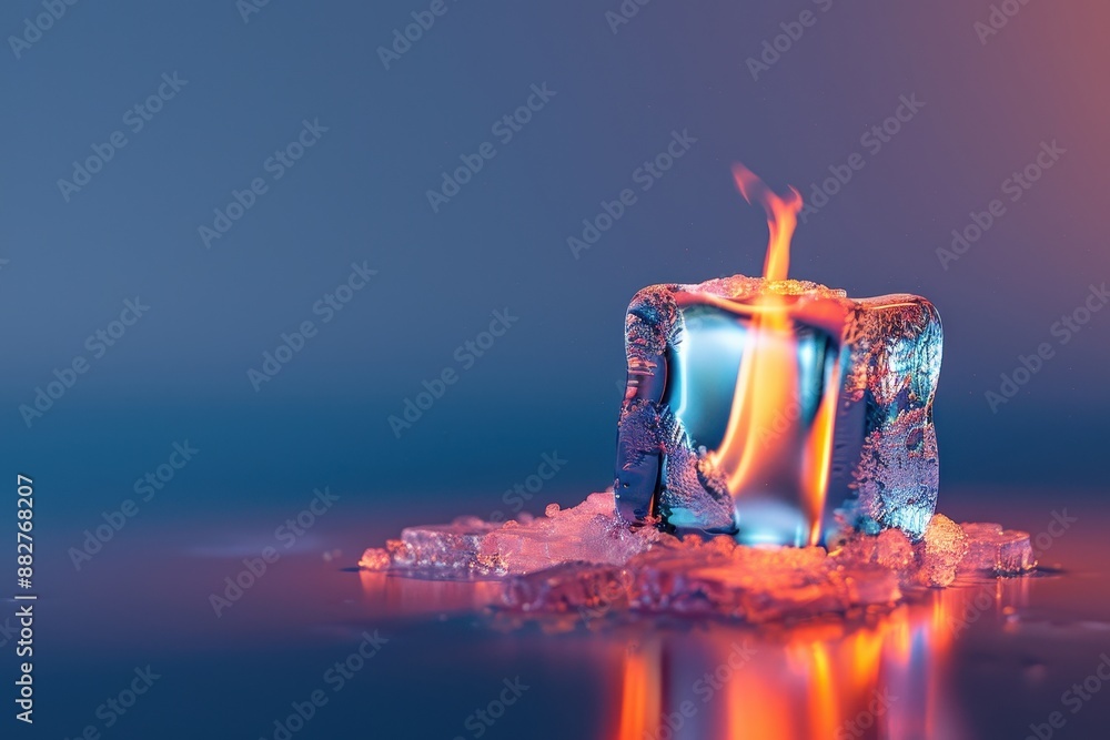 Poster a cube of ice with a flame on top of it
