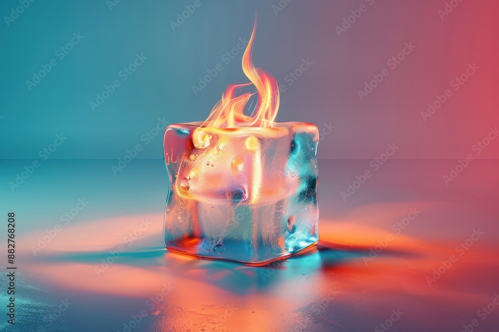 Poster a cube of ice with a flame on top of it