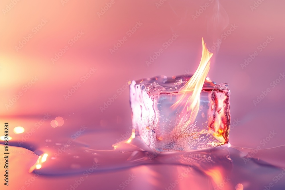 Poster a cube of ice with a flame on top of it