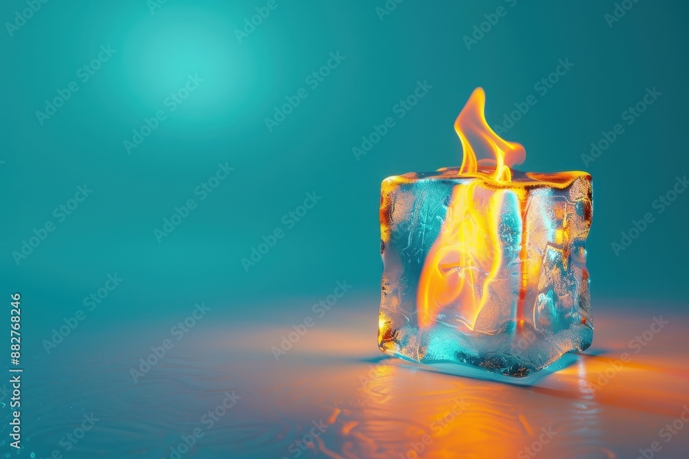 Poster a cube of ice with a flame on top of it