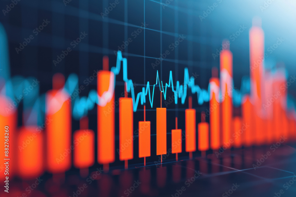 Aufkleber close-up of financial bar graph and line chart in blue and red showing stock market data with fluctu