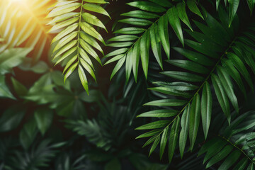 Lush green tropical leaves illuminated by sunlight, creating a serene and vibrant natural scene perfect for backgrounds or nature-themed projects.