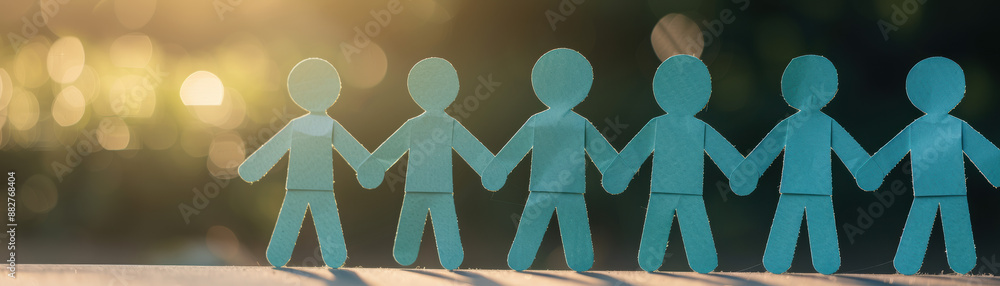 Poster paper cut-out figures holding hands in a line, symbolizing unity and teamwork with a serene natural 