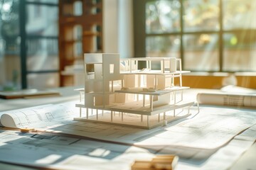 A model of a building is on a table with a drawing of the same building