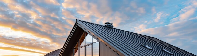 Modern house with a sloping roof and sky background at sunset. Contemporary architecture and building design concepts.