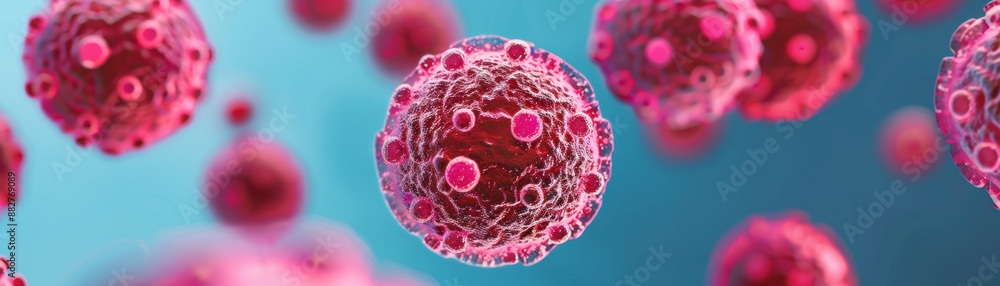 Poster microscopic view of red cells with detailed structures floating in a blue background, showcasing int