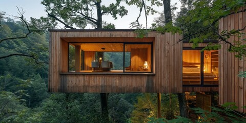 Modern eco lodge surrounded by lush forest for sustainable living concept