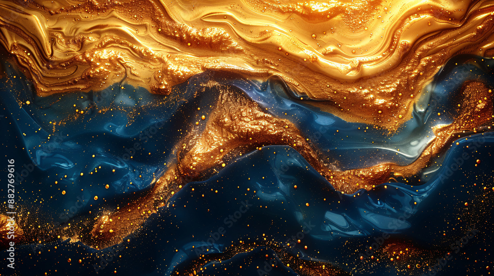 Poster swirling mix of vibrant gold and deep blue liquids creating a mesmerizing abstract pattern with a to