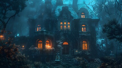 A creepy haunted house with glowing windows and eerie decorations
