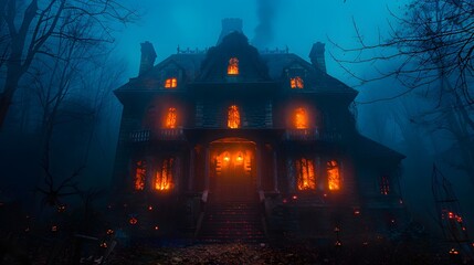 A creepy haunted house with glowing windows and eerie decorations
