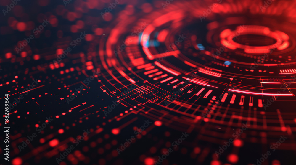 Poster abstract digital technology background with red circular neon lights and intricate pattern, represen