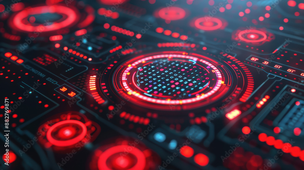Poster futuristic red and black digital interface with virtual elements and holographic display, suitable f