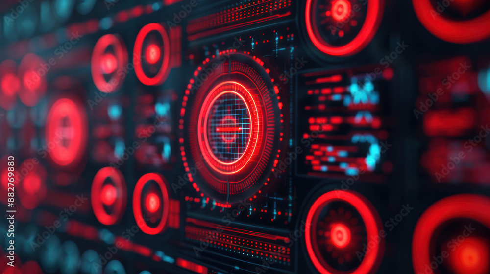 Poster futuristic digital interface with red and blue light patterns. high-tech dashboard to illustrate cyb