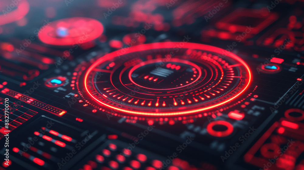 Poster futuristic digital interface with glowing red lights and holographic elements. high-tech dashboard s