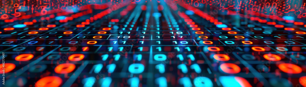 Aufkleber Glowing binary code on a digital grid. Futuristic tech background illustrating data streams, cyber security, and information technology concepts.