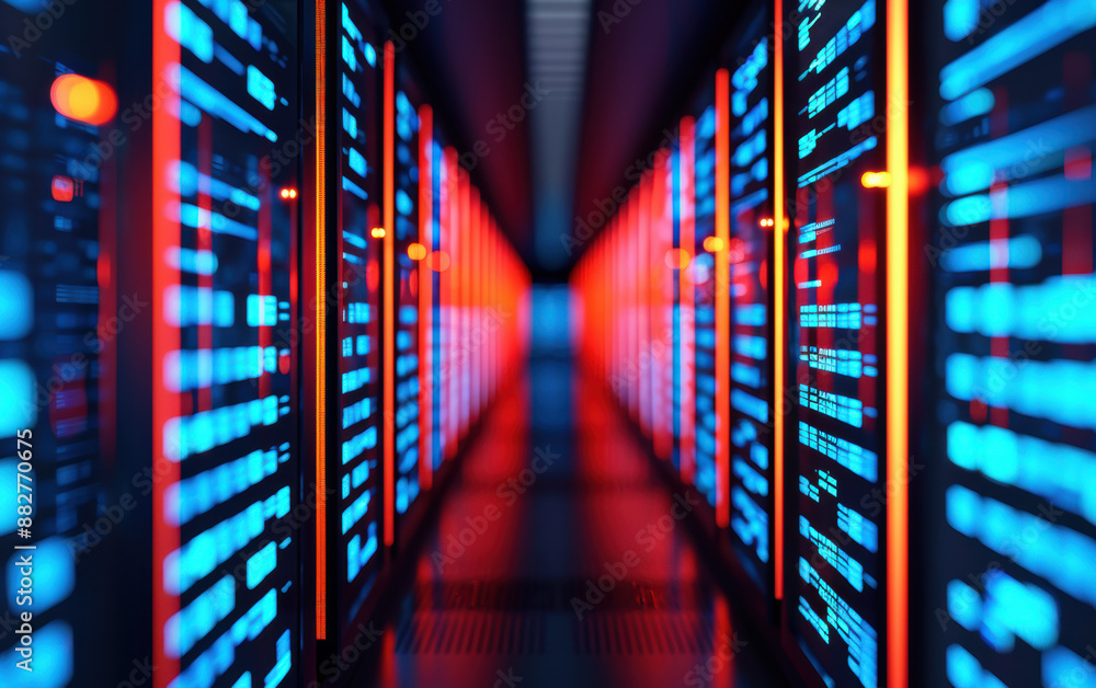 Poster modern data center with rows of illuminated server racks and vibrant led lights showcasing advanced 