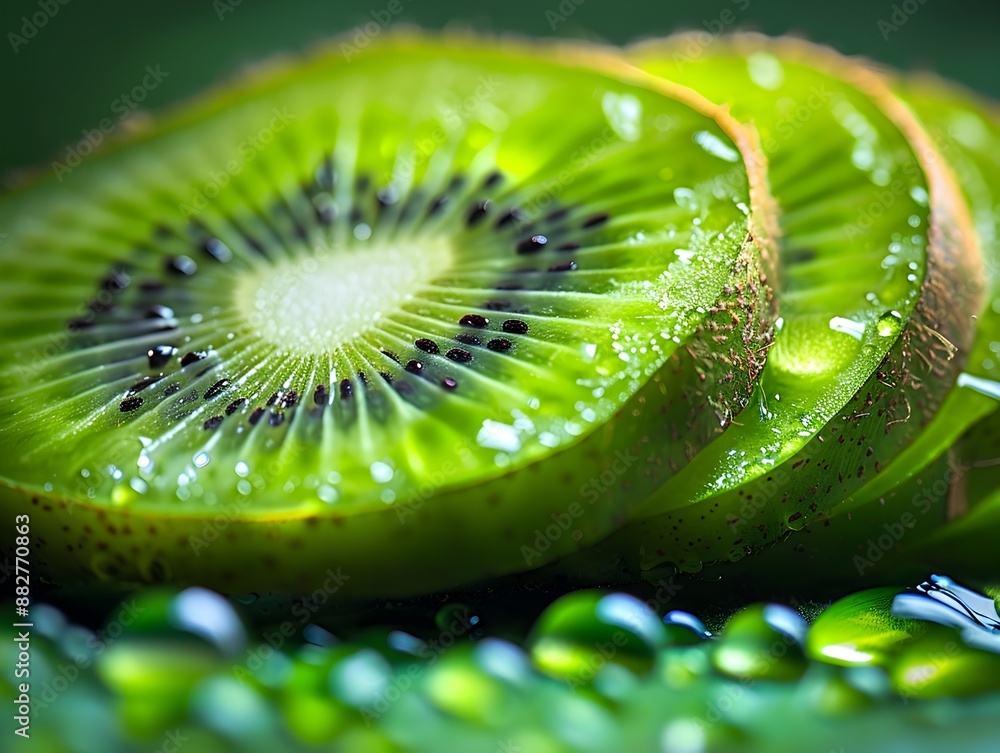 Sticker Vibrant Green Kiwi Fruit Slice Showcasing Intricate Seed Pattern Close up