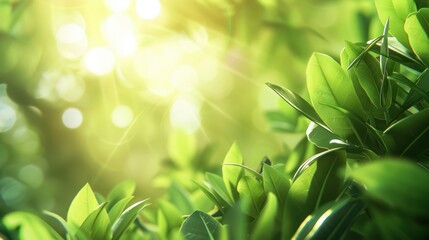 Obraz premium Blurred green leaf background with sunlight and copy space representing natural plants and ecology