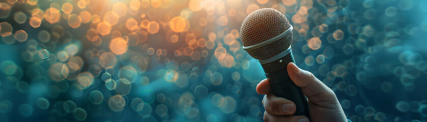 Photo Realistic Public Relations Specialist Holding Microphone and Notes on Whimsical Background for Business Communication Concept in Photo Stock