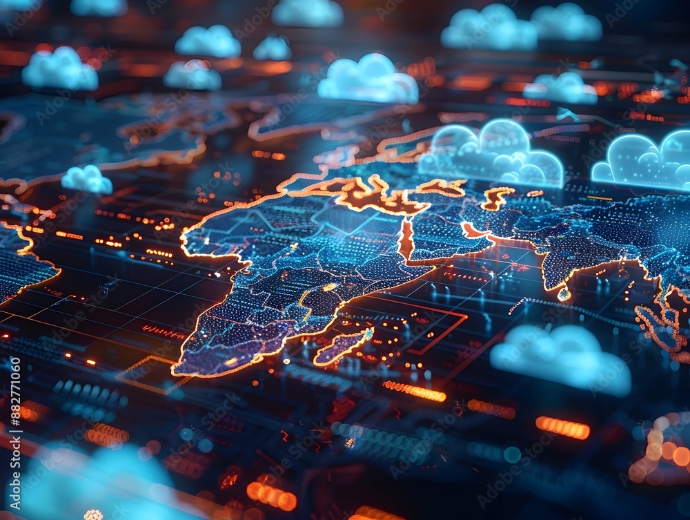 Poster interactive holographic global cloud infrastructure map indicating data centers and cloud computing 